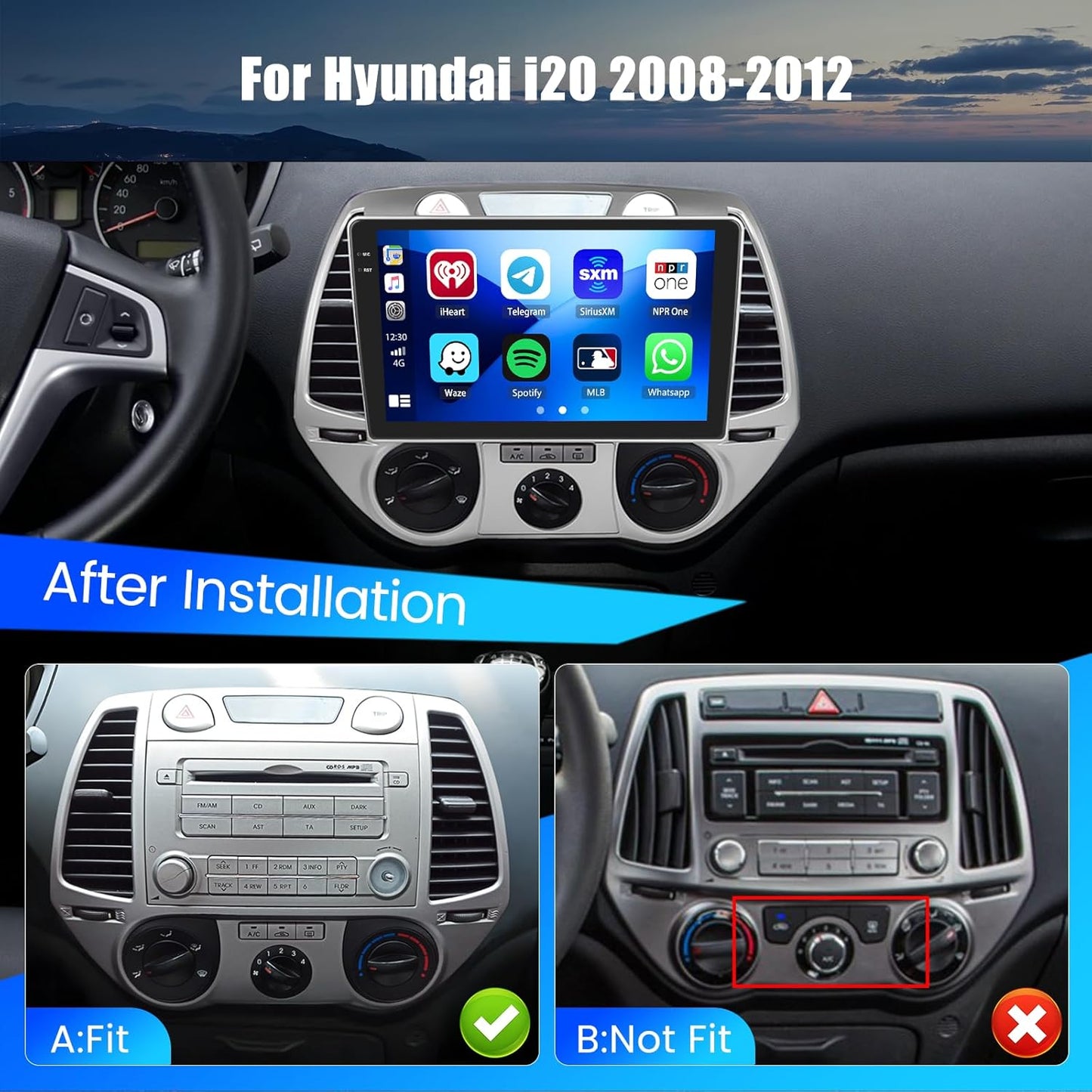 Autoradio Android per Hyundai i20 2008-2012 Wireless Carplay 9''Incell Schermo per Auto Android Auto WiFi Touchscreen Bluetooth5.0 GPS Retrocamera