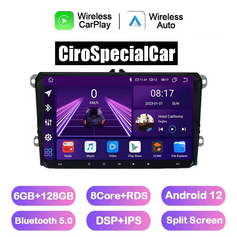 Autoradio 9" 2Din Android 13 Lettore multimediale per auto per VW Polo Bora Golf 5 6 Passat CC B6 B7 Jetta Tiguan Wireless BT GPS Navi Carplay