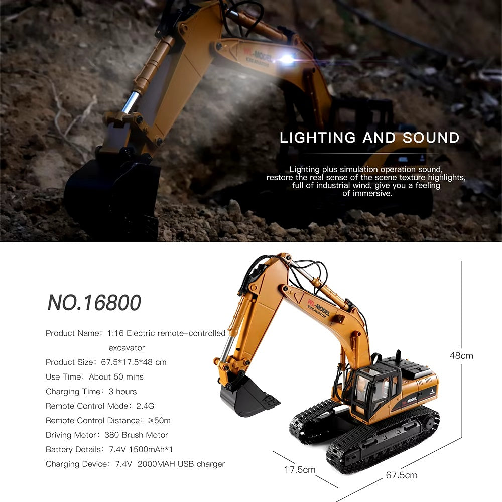 Escavatore RC giocattoli per auto Styling 23 canali costruzione di strade tutte le auto per camion in metallo con fumo di luce a LED 1/16 2.4G