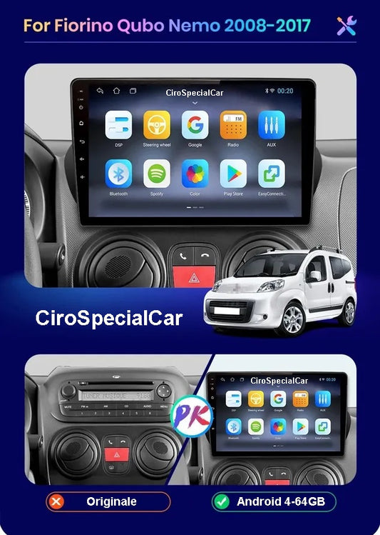 Kit Fiat QUBO 2008 - 2015 / AUTORADIO ANDROID TOUCH 9" WIFI NAVIGATORE 4/64GB