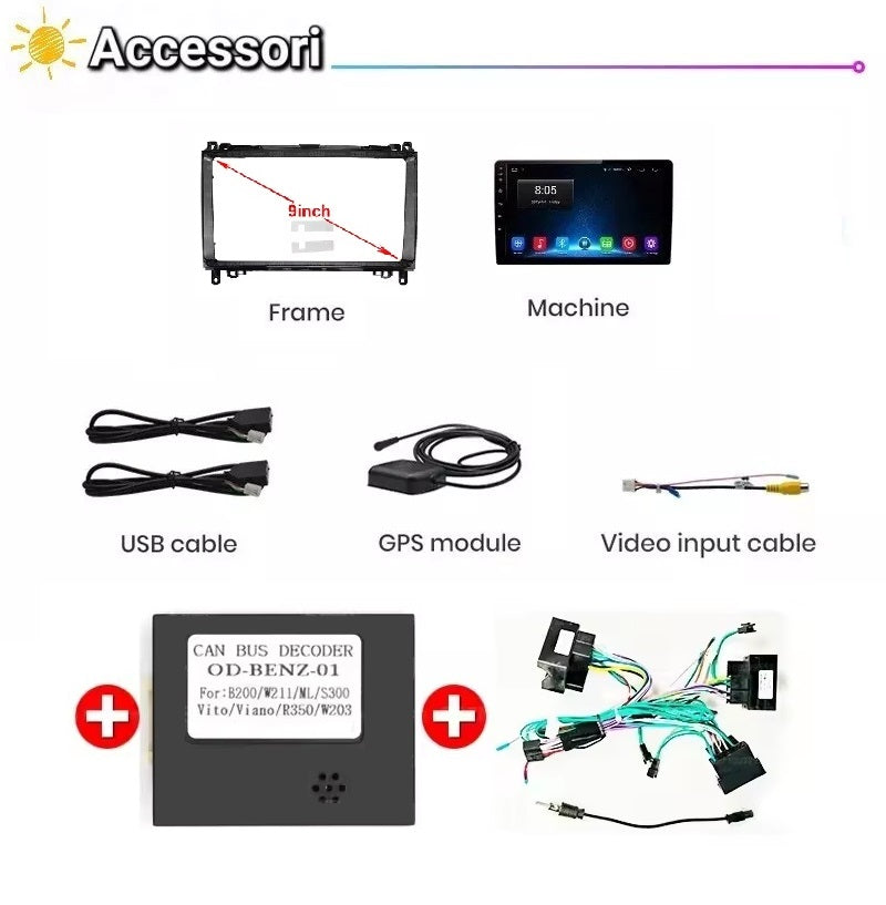 Kit Autoradio 9" Per Mercedes Benz W169 W245 B200 W906 Sprinter W639 Vito Auto Radio Telaio Fascia Pannello Adattatore Decoder Canbus Cavo Kit