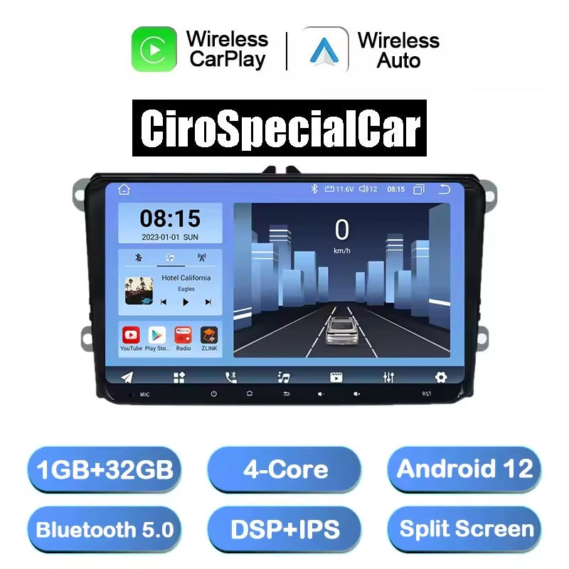 Autoradio 9" 2Din Android 13 Lettore multimediale per auto per VW Polo Bora Golf 5 6 Passat CC B6 B7 Jetta Tiguan Wireless BT GPS Navi Carplay
