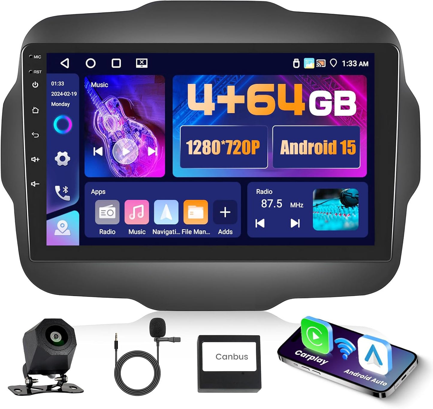 Autoradio per Jeep Renegade 2016-2020, 5G WiFi Android 9" con Wireless Carplay Android Auto Bluetooth5.0 FM/RDS GPS SWC AHD Retrocamera