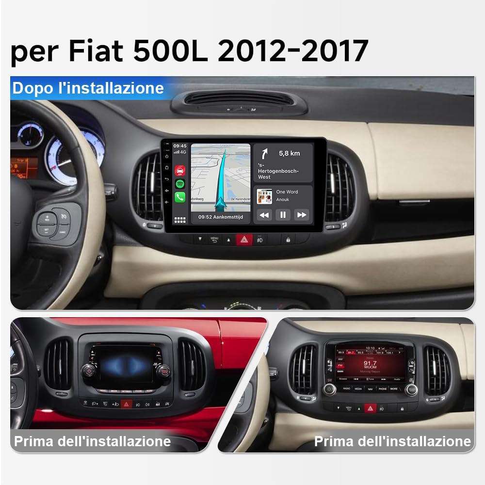 Autoradio Android 15 per Fiat 500L 2012-2017 - Schermo Touch 9" 1280x800, Wireless CarPlay Android Auto, Navigatore GPS, FM, Bluetooth 5.4, WiFi 6.0 - Stereo Auto con Controllo Volante