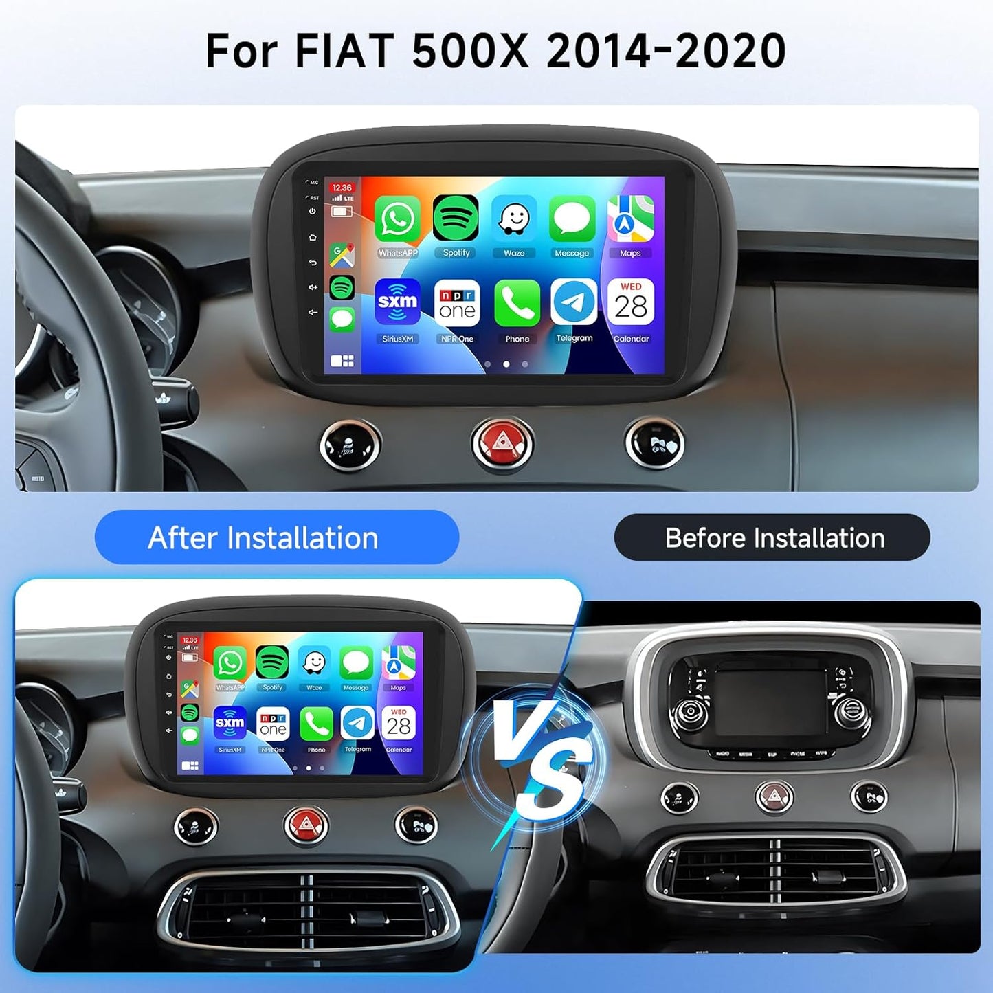 Autoradio 9" Android 15 per FIAT 500X 2014-2020, Carplay Android Auto senza Fili GPS Wi-Fi USB Bluetooth Radio FM RDS Retrocamera