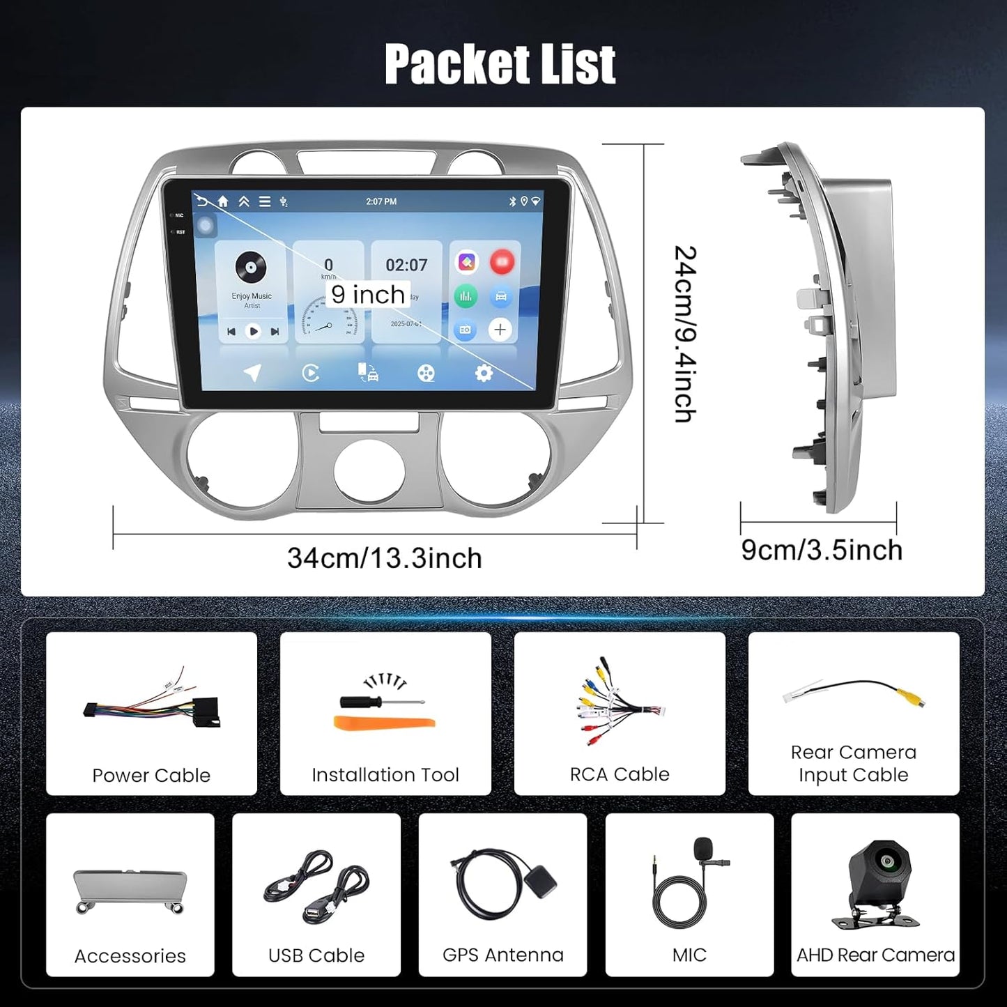 Autoradio Android per Hyundai i20 2008-2012 Wireless Carplay 9''Incell Schermo per Auto Android Auto WiFi Touchscreen Bluetooth5.0 GPS Retrocamera