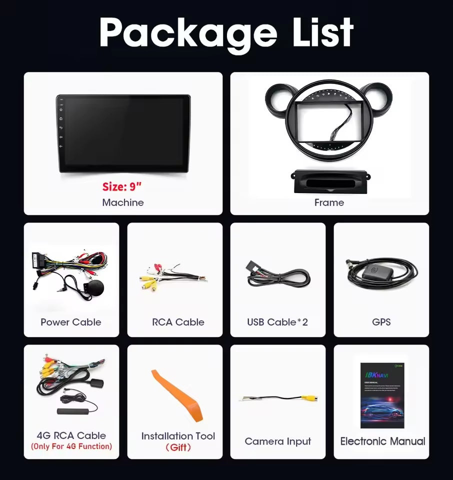 Mini Cooper Countryman 2011-2014 Autoradio 4/64 GB 9 pollici + Adattatore 9" + Canbus Box + Cablaggio Originale