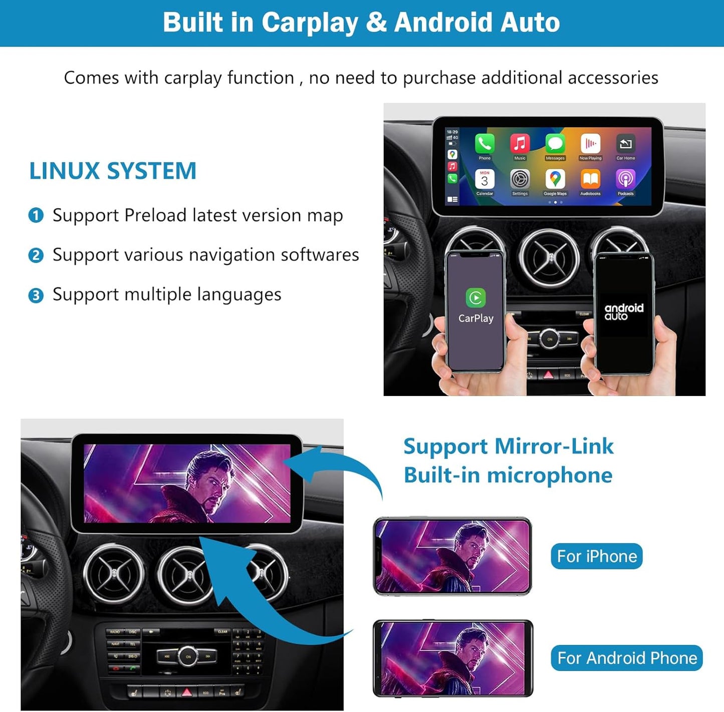 Autoradio Touchscreen per autoradio da 10,25 e 12,3 pollici per Mercedes Benz Classe A/B GLA CLA 180 W176 W246 C117 X117 X156 2013-2015 con NTG 4.5/4.7, supporta Apple...