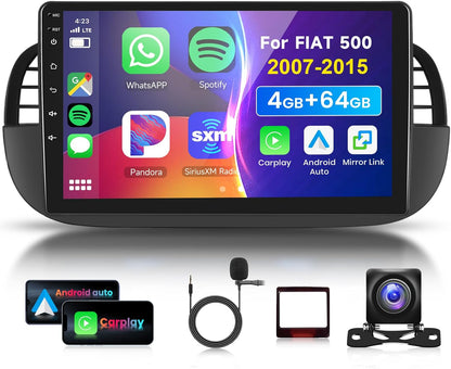 Autoradio 9" Bluetooth per FIAT 500 2007-2015 Carplay Android Auto,DSP EQ,1280 * 720,Wifi GPS Navi,Mirror link,RDS/FM Radio 2 din con Retrocamera AHD